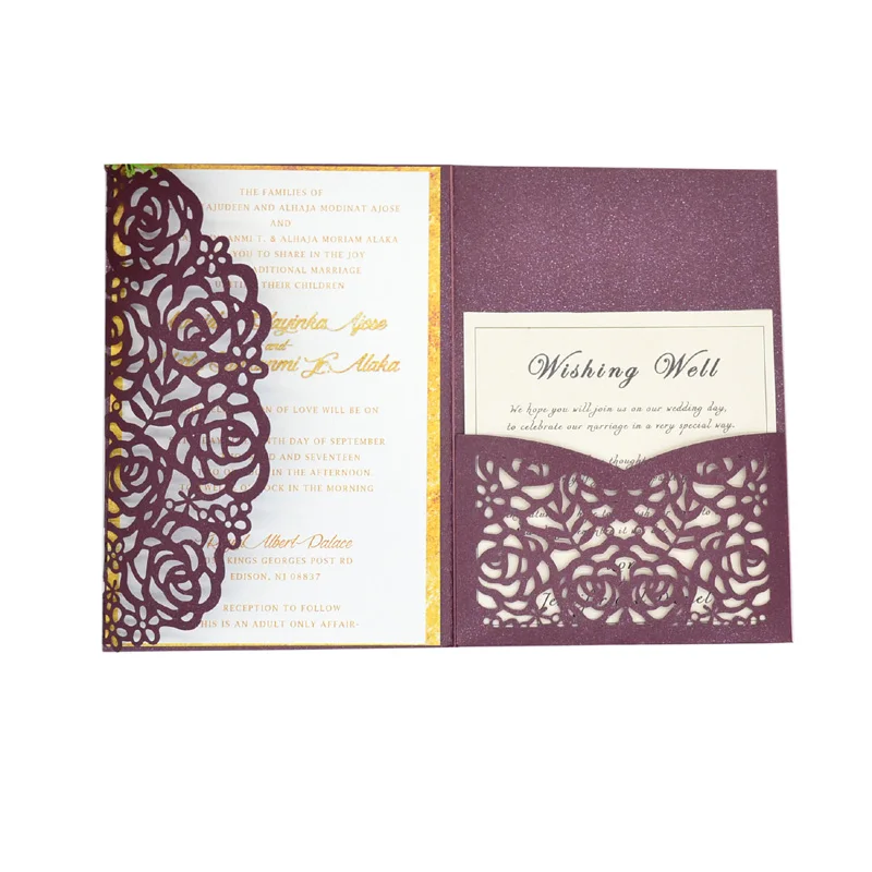 Elegantné burgundské trifold vreckové čipky svadobné oznámenia laserom rezané svadobné karty