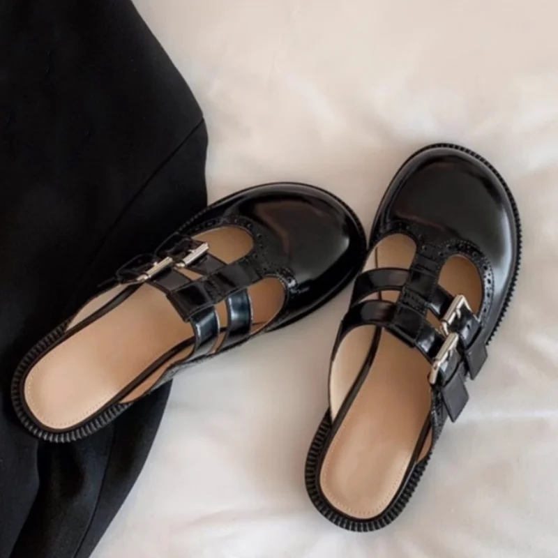 Elegantné dizajn značky Buck Buckle letné papuče okrúhle špičky Platforma Low podpätky Dámske topánky Hustý jediný voľný čas Chaussures femme
