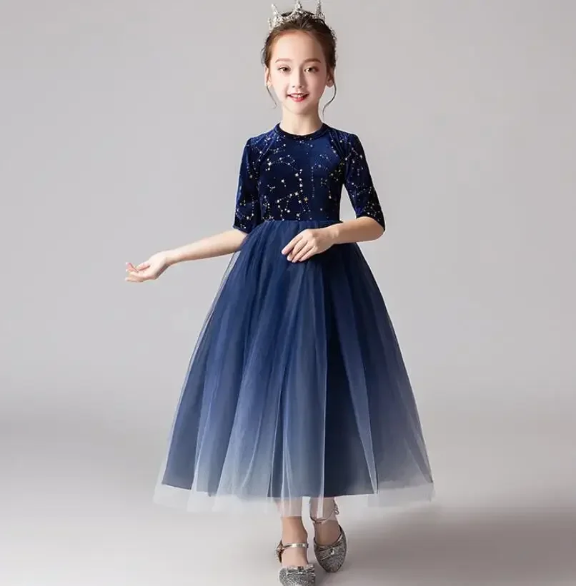 Elegantné dlhé čipkové flitry First Communion Dress Beads Tmag Blue Tulle Girl Večer sprievodné šaty kvetinové šaty na svadbu
