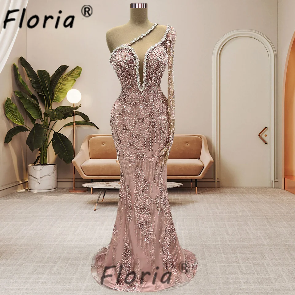 Elegantné Dubaj Dusty Pink Mermaid Party šaty korálkové krištáľ Prispôsobiť formálne šaty