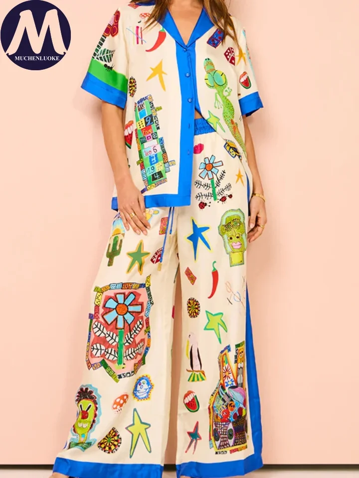 Elegantné dvojdielne súpravy pre ženy Summer Nový módny graffiti polovičný rukáv na košeľu obleky Príležitostne voľný s vysokým pásom so širokými nohavicami