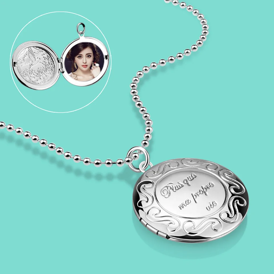 Elegantné dámske 925 Sterling Silver náhrdelník Otvorené okrúhle skrinka prívesok Náhrdelník Souvenír zadarmo Prispôsobený darček na výročie fotografií