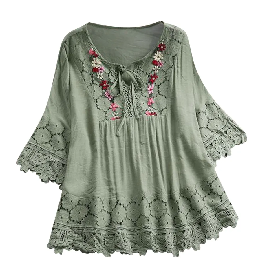Elegantné dámske košele a blúzky Vintage Lace Patchwork tri štvrť blúzky Tops plus veľkosť 4xl módne košele Blusas para mjer