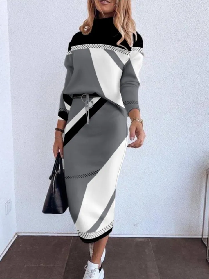 Elegantné dámske príležitostné sukne Bodycon sukne Dva diely Nové jesenné zimné zimné módne pléd s dlhým rukávom top a tenká sukňa