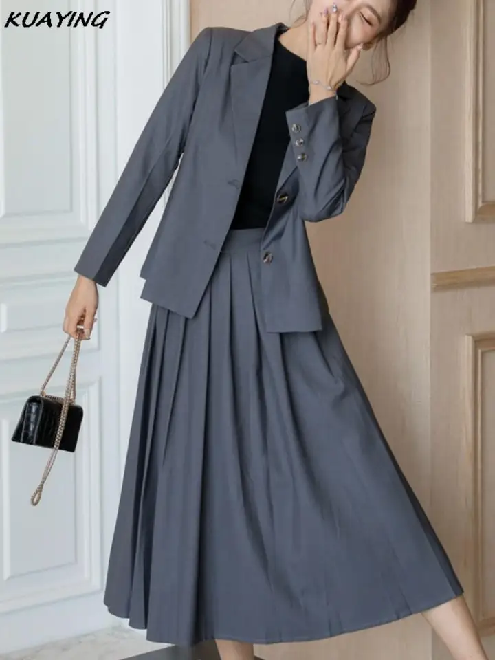 Elegantné elegantné pevné sako sukne sukne súpravy ležérne voľné vintage bundy skladané A-line sukňa dva kusy obleky ženské módne oblečenie
