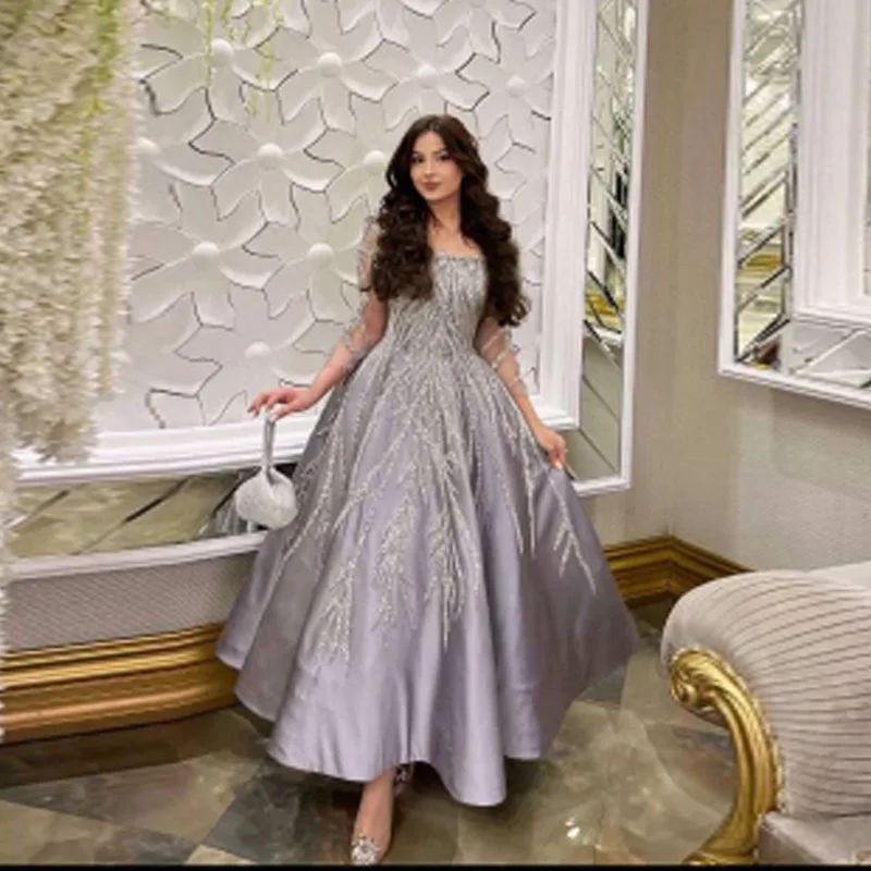 Elegantné korálkové plesové šaty Ženy štvorcový krk dlhý rukáv večierok Večerné šaty členok dĺžky Saudské špeciálne šaty