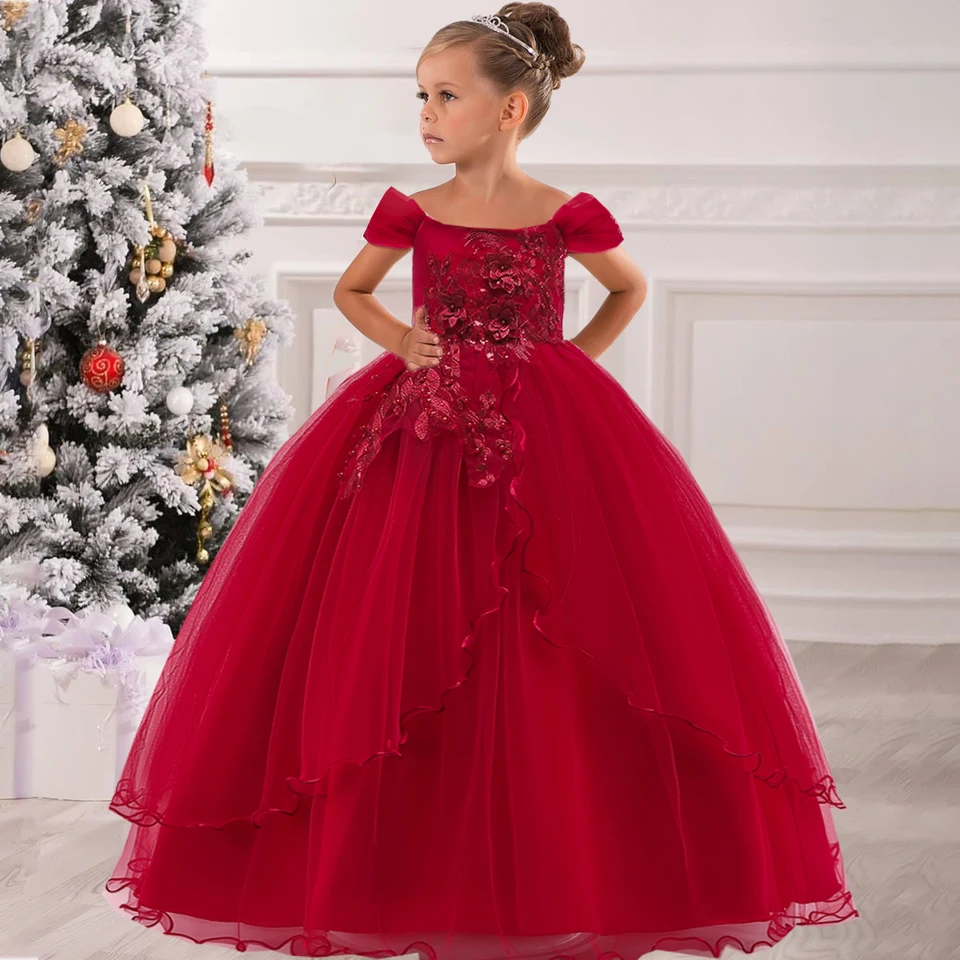 Elegantné kvetinové dievčatá Party šaty vianočný kostým Tulle luk narodeniny princezná prom šaty pre deti Bridaid svadobné oblečenie