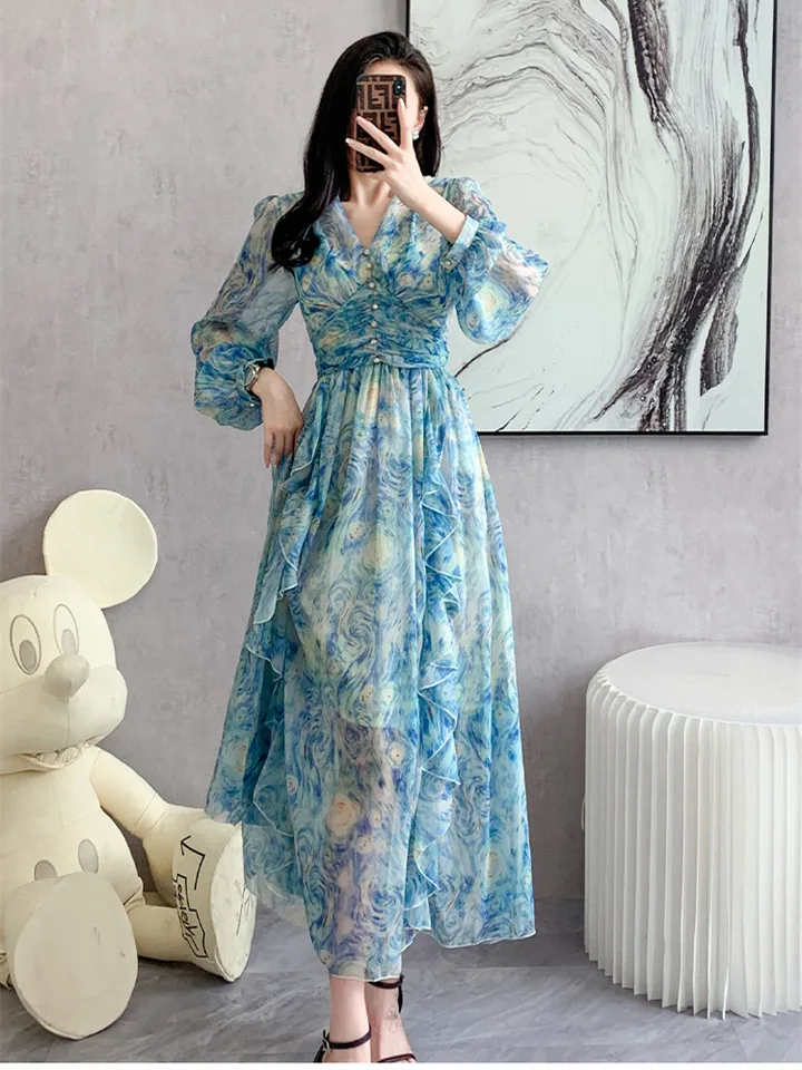 Elegantné kvetinové tlačové večierky šifónové ruffles torty šaty Romantické jednostupňové víla pláž v krk dlhý rukáv večera ples