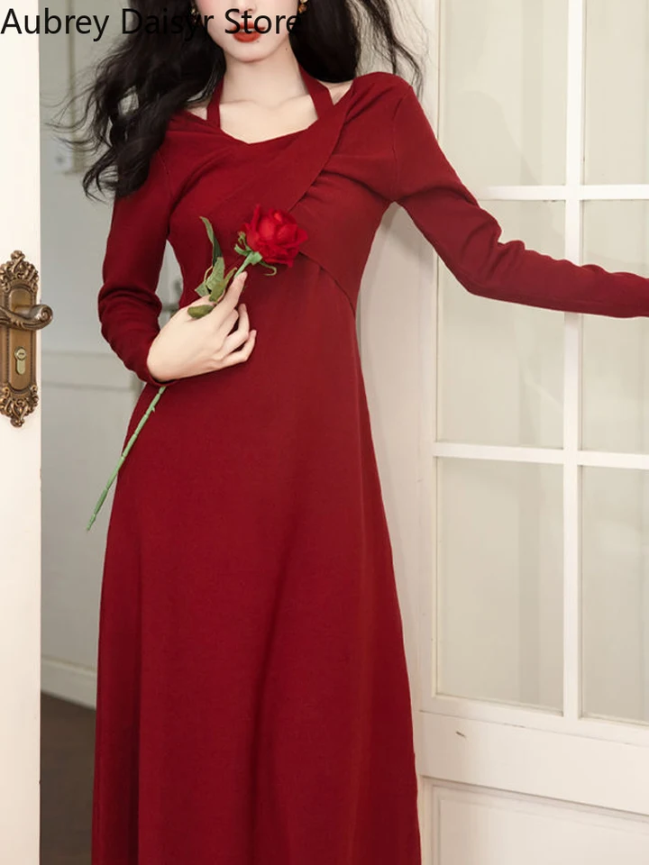 Elegantné kórejské červené pletené šaty Ženy Vinobranie nepravidelné halterneck sveter šaty zimné teplé sexy štíhle večerné večierky nové šaty nové