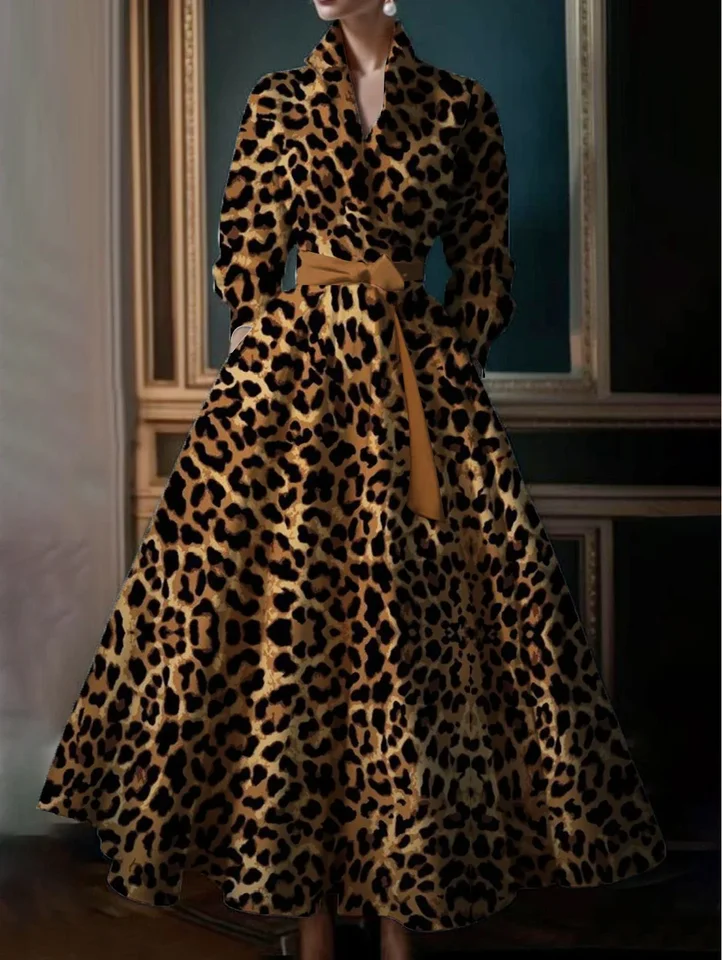 Elegantné leopardové šaty pre ženy skladané šaty A-line s opaskom Otočte sa