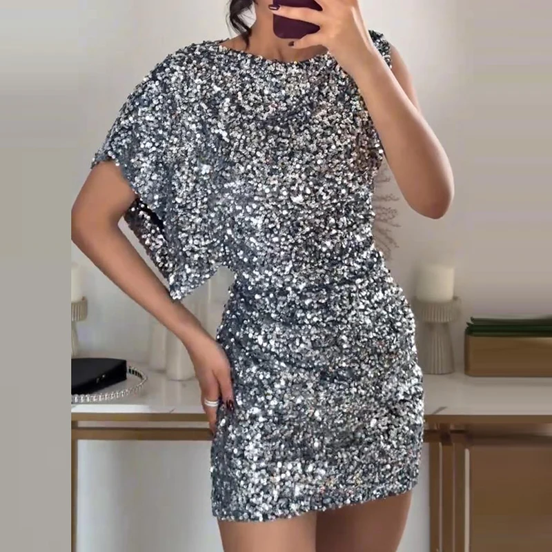 Elegantné lesklé flitre zahalené párty šaty Dámske módny pásik Highs Solid krátke šaty Sexy O-krk na ne-pleskové rukávy Mini šaty
