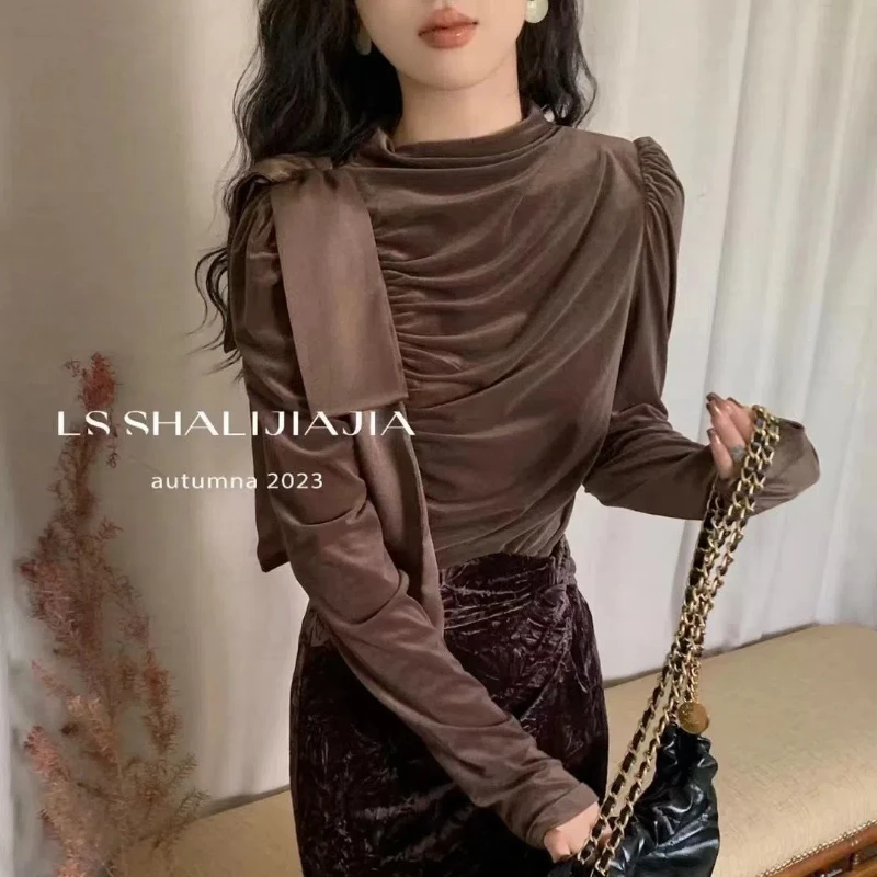 Elegantné luk, skladané tričká Spring Jar Autumn Nové dlhé rukávy Slim Solid Solid Kórejské vrcholy Tempere módne dámske oblečenie