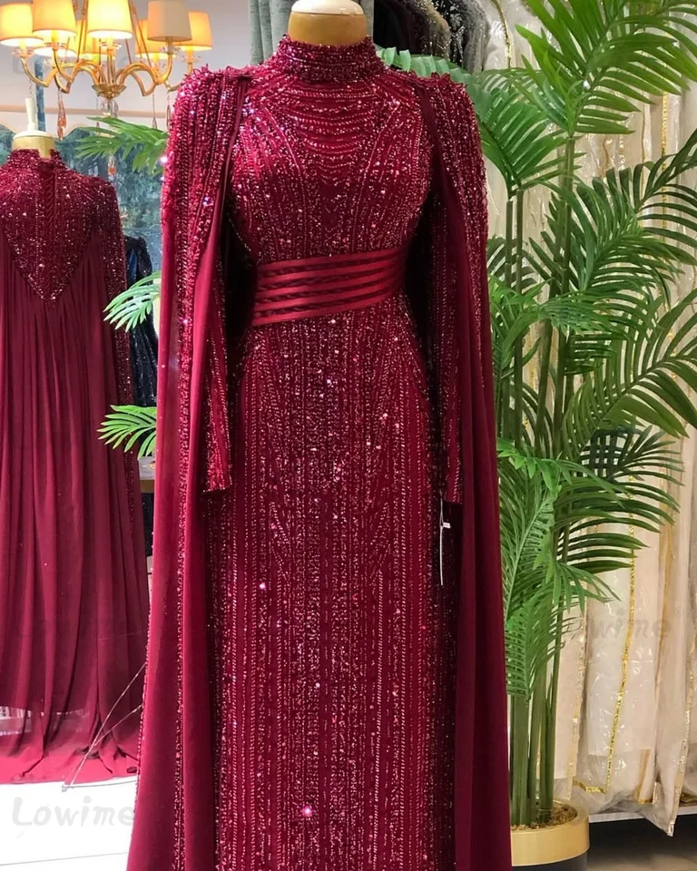 Elegantné moslimské večerné šaty mys mysu rukávy Burgundské plesové šaty silné korálkové flitre arabské dubajské dámske večierky Prispôsobené prispôsobené