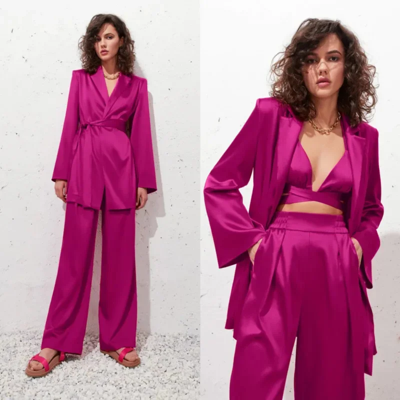 Elegantné ochabnuté saténové šnurovanie Vest Vest Blazer Set for Women 2024 New Traf Chic High Ware Wirle Nohy nohavice Sexy backless vesta sada