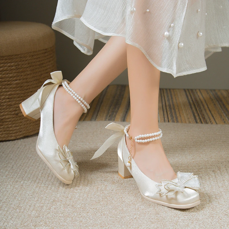 Elegantné perly členkové remienky čerpadlá Ženy Spring 2025 štvorcový špičku Crystal Buckle Mary Janes Žena High podpätky večierky svadobné topánky 40