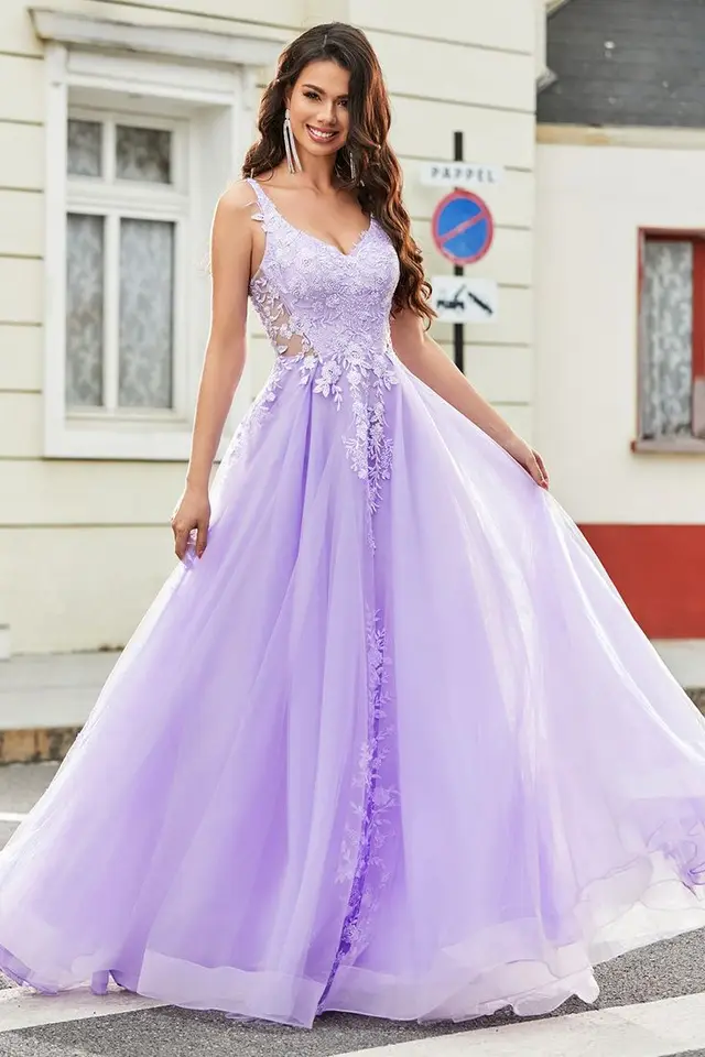 Elegantné plesové šaty 2024 Lilac Lace Applique Spaghetti Strap Tulle Tulle Formálne večierky Ženy Večerné šaty Špeciálna príležitosť