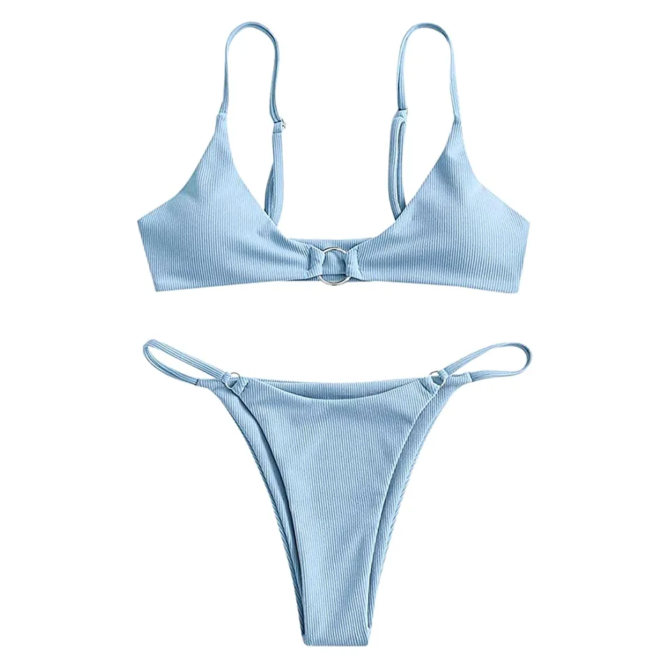 Elegantné sexy svetlo modré mikro brazílske bikiny súpravy Ženy prsteň spona RUCHED Nastaviteľné ramenné popruhy plavky plavky plavky