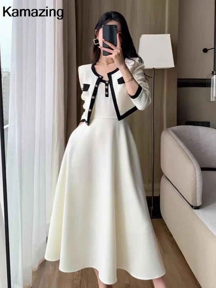 Elegantné Solid Midi Dress 2-Petgan Set Office Lady Chic Suit Spring Short Jacket bez slevel-line šaty oblečenie kórejské oblečenie