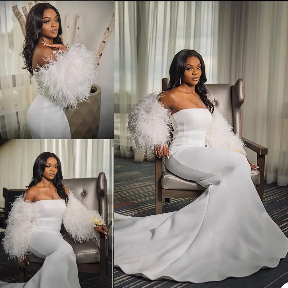 Elegantné svadobné šaty Mermaid Perie s dlhým rukávom bez ramienok Svadobné šaty Rúny de mariée biele saténové šaty