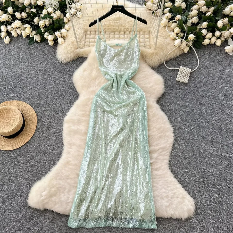 Elegantné trblietavé flitry Sexy backless bez rukávov elegantné popruhy módne šmykľavky francúzske večerné večierky High Street Oblečenie