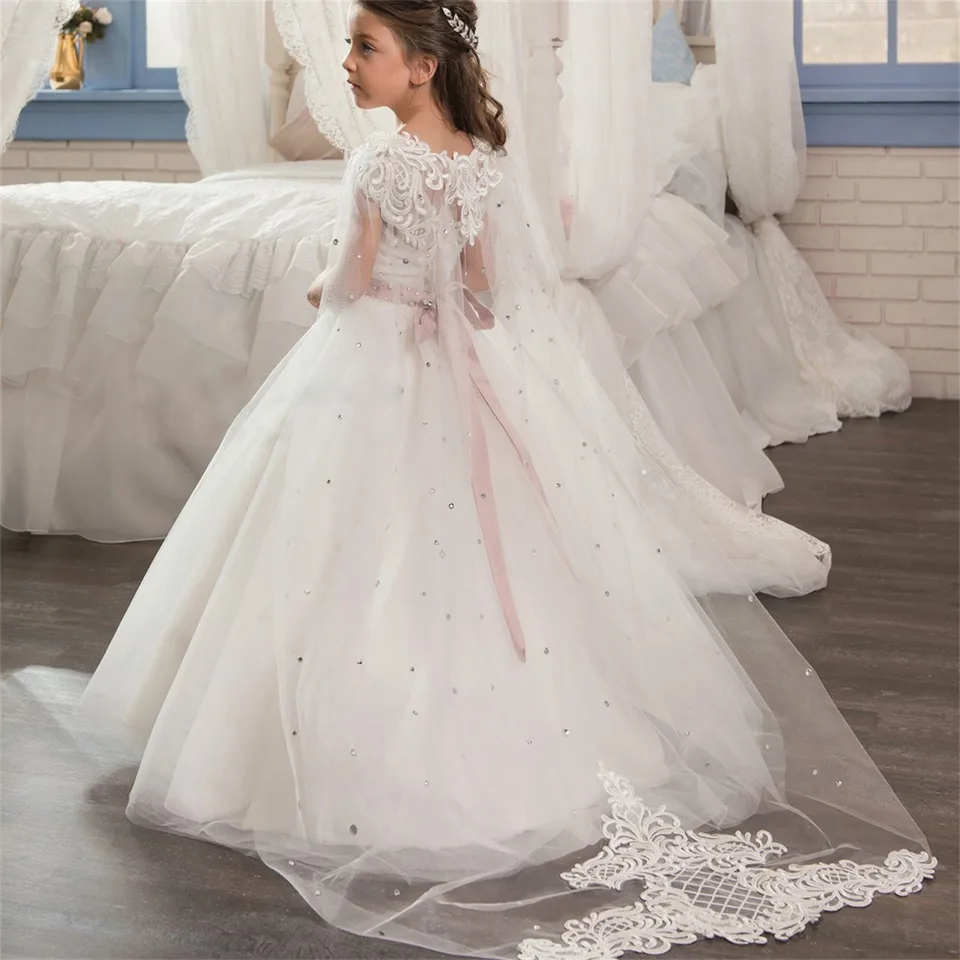 Elegantné tylové nadýchané kvetinové dievčatá šaty na svadobnú aplikáciu korálkové flitre čipky Lace Narodeninová oslava prvá eucharistická párty šaty