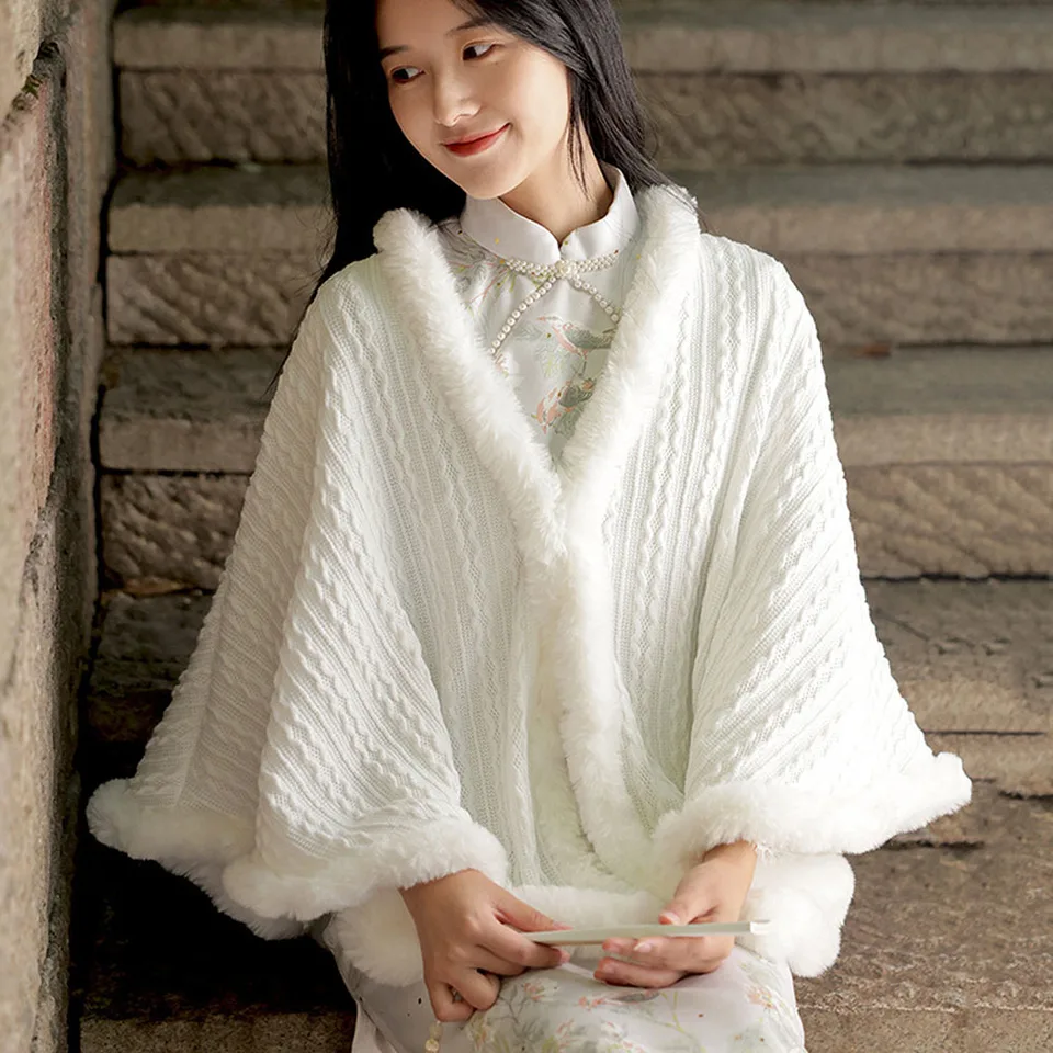 Elegantné v krku faux králičie kožušinové kožušiny Poncho bundy Zimný kabát Cape Ženy Veľký voľný šál biely kožušina plášťový plášť Dámy
