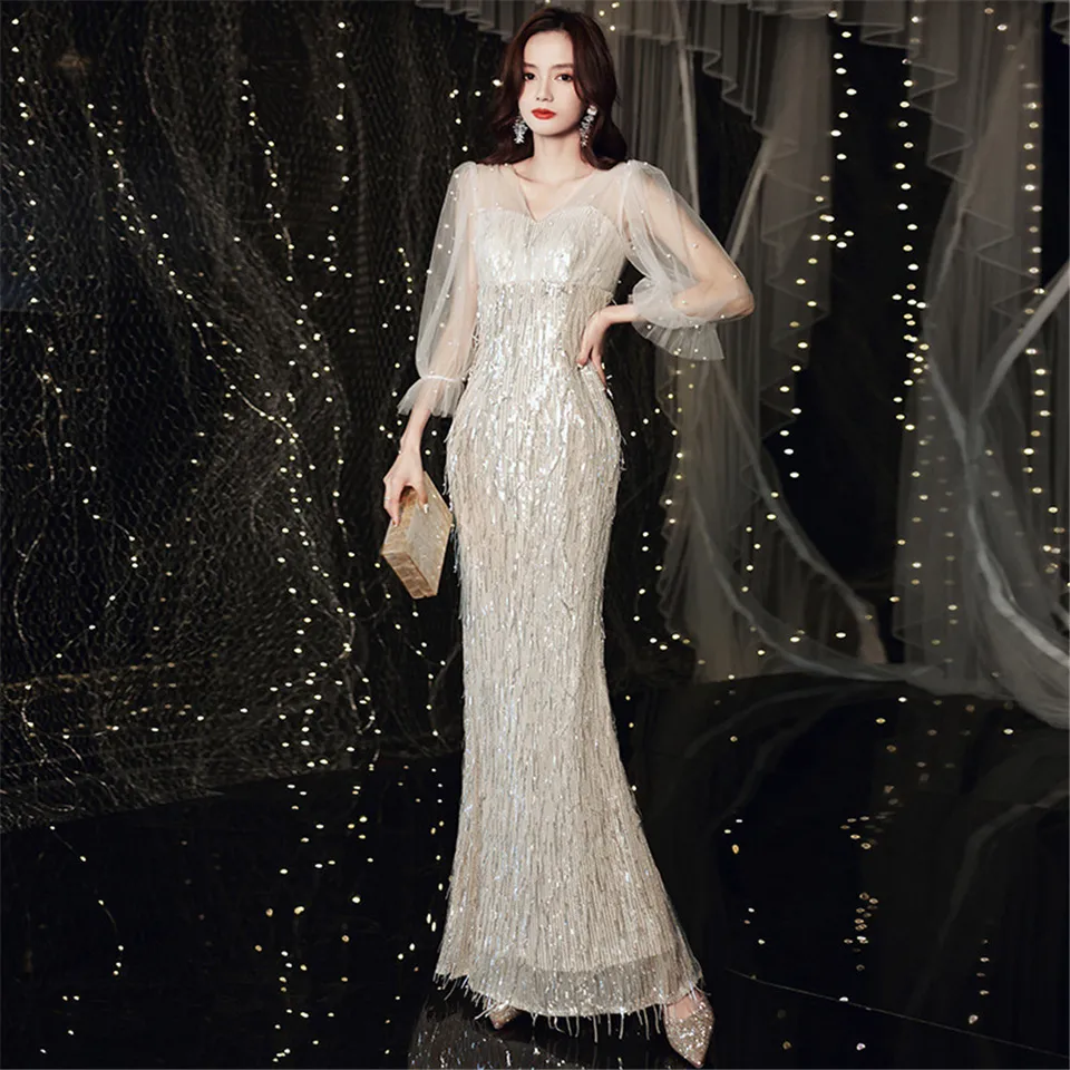 Elegantné v krku flitry Tassel Večerné šaty Ženy Mermaid Formálne večierky maxi