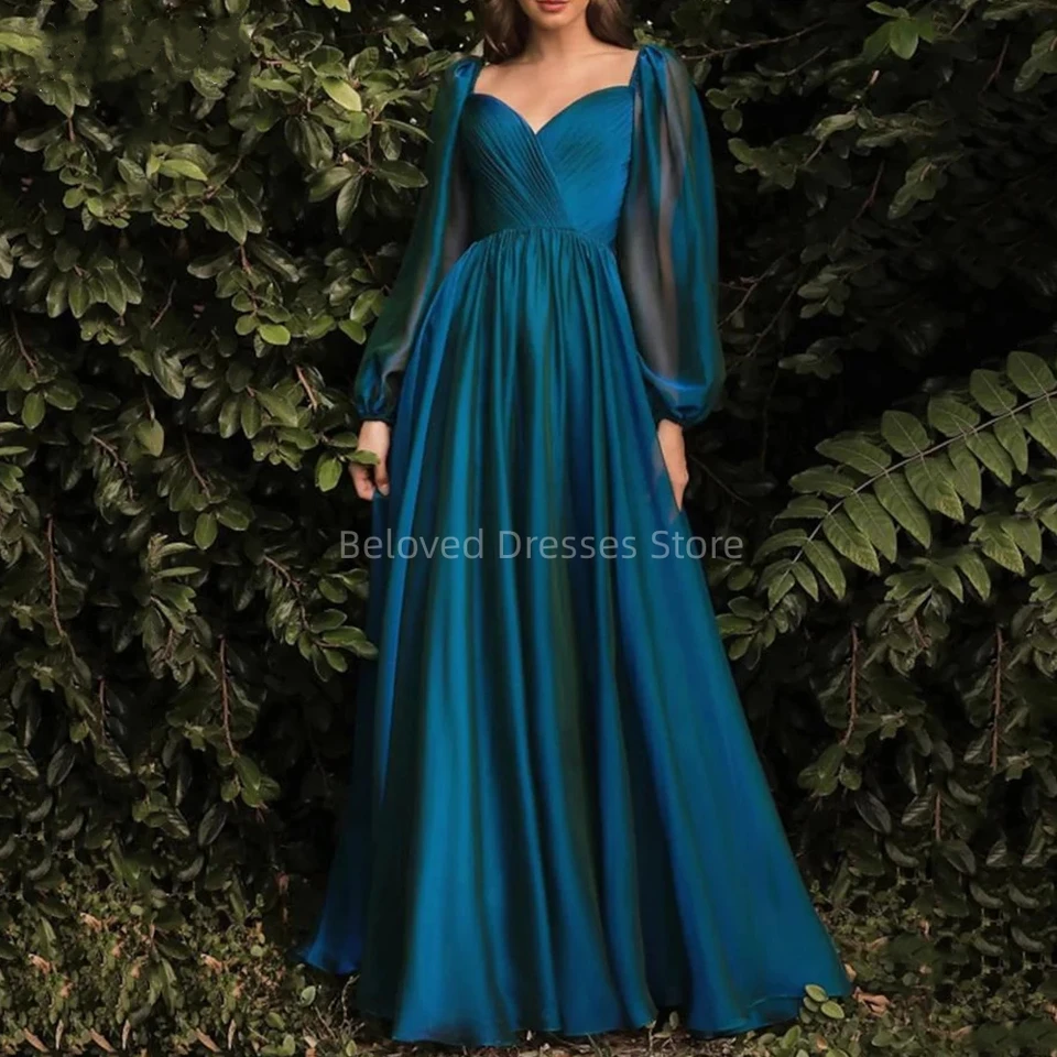 Elegantné večerné šaty A-line, bez spätnej formálnej dĺžky podlahy Puff dlhý rukáv srdiečko krk šifón Purpurové šaty Vestido de 15