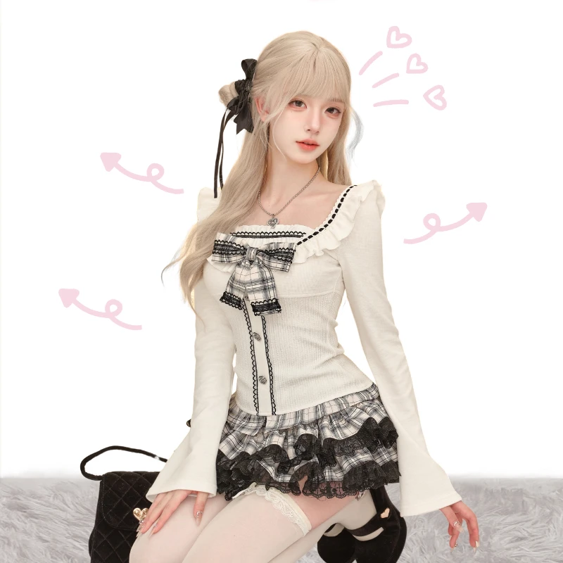 Elegantné vintage obleky Ženy Sweeet Bow Slim Pletitted Cardigan Coats + Lace Mini sukne Japonské kawaii 2 -kusové súpravy Y2K Clothing