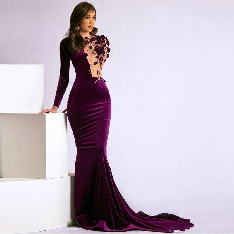 Elegantné zamatové plné rukávy Večerné šaty ilúzne kvety Flitre korálkové morské panny Dlhé šaty dlhé zadné zips