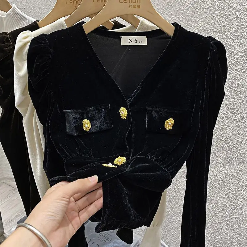 Elegantné zlaté zamatové krátky blúzka Spring Jar Autumn Nové gombíky s dlhým rukávom Solid Vintage Tops Topy