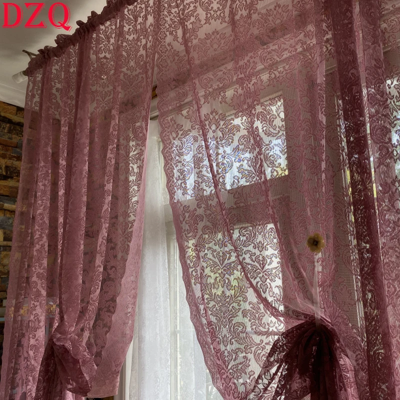 Elegantné záclony s dutím čipkami pre rímske okenné kuchyňa Vintag Purpurová čipka Tulle záclony pre vstupnú obývaciu izbu curtain146
