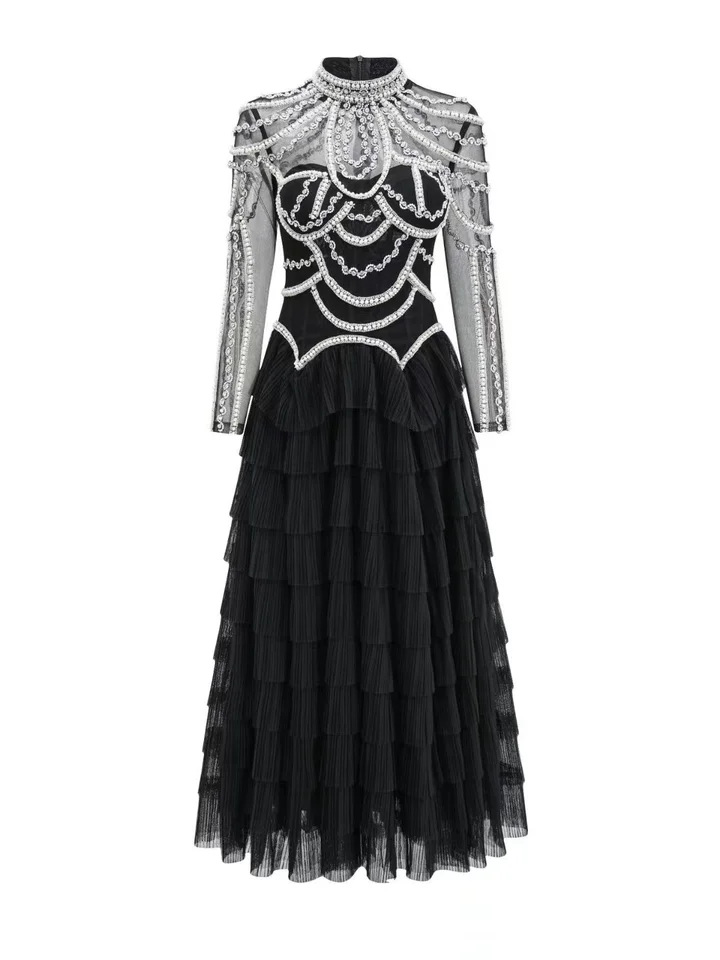 Elegantné červené koberce Večerné večierky Ženy Dlhý rukáv Sexy Shinning Crystal Pearl Beading Ball Gown Dlhá šaty 2024 Nový štýl
