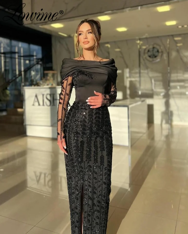 Elegantné čierne večerné šaty dlhé rukávy arabské večierky Vestidos de Noche 2024 Split Side Side Aso ebi korálkové plesové šaty šaty