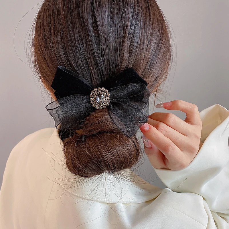 Elegantné čierne zamatové luky na vlasy Spring Spring Clip Diamond Diamond Crystal Clip pre ženy Dievčatá