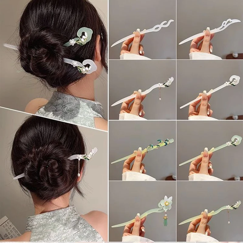 Elegantné čínske vlasové tyčinky Jade Kvet Simple vlasové kolíky pre ženy vintage tradičné vlasové tyčinky s nástrojmi na účes