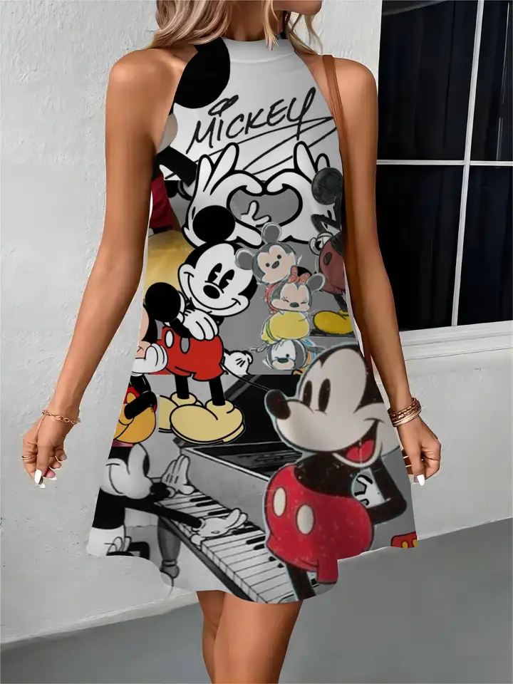 Elegantné šaty na ramene pre ženy Ženské šaty Disney zástera Minnie Mouse Bow uzol Mickey Womens Fashion Summer 2024 Party