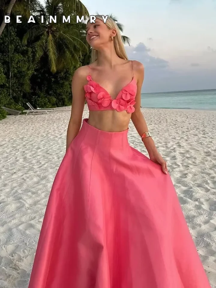 Elegantné ženy 3D kvetinová sukňa sety sexy camisole backless s vysokým pásom dlhá sukňa 2 kus 2025 ženský letný povolanie plážový pláž