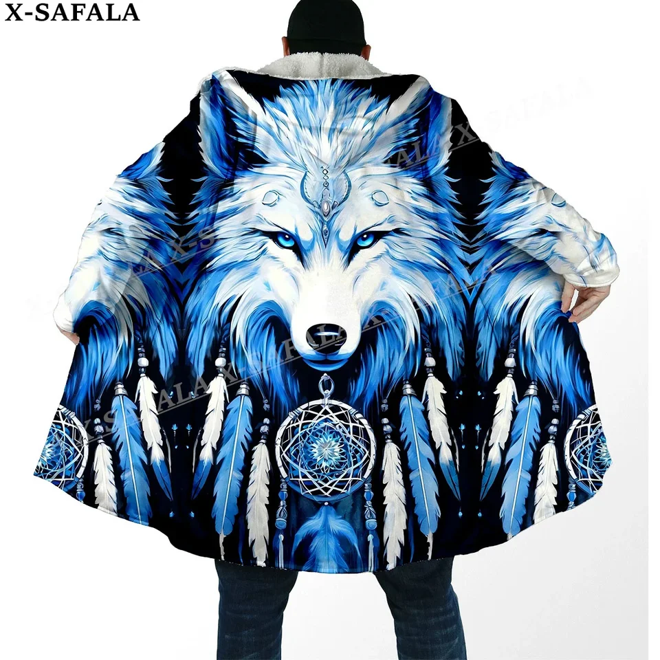 Elegantný domorodý vlk duchy totems umenia hrubý teplý plášťový plášť Muži kabáty s kabátom Windproof Fleece Cape Rupe s kapucňou-9