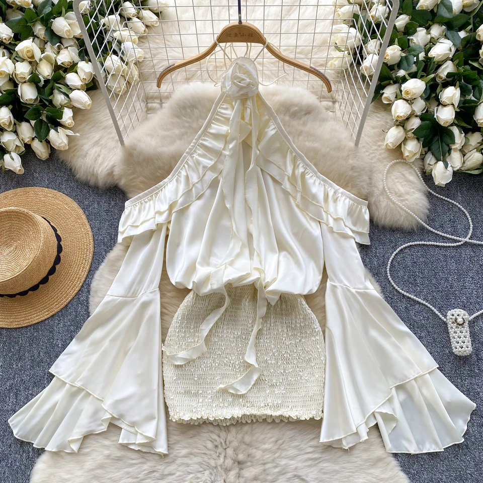 Elegantný ohláčik z ramena Vintage dlhá sleva rukávy Chic Floral Slim Ruffle Dresses Korean Evening High Street Autumn Clothing