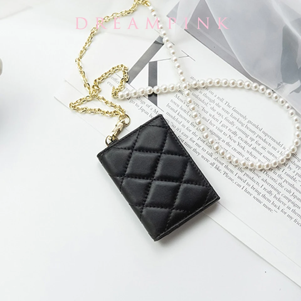 Elegantný prístup ID držiteľ luxusný diamant prešívané originálne kože Držiteľ držiak odznak perla na krk popruh pre rukáv