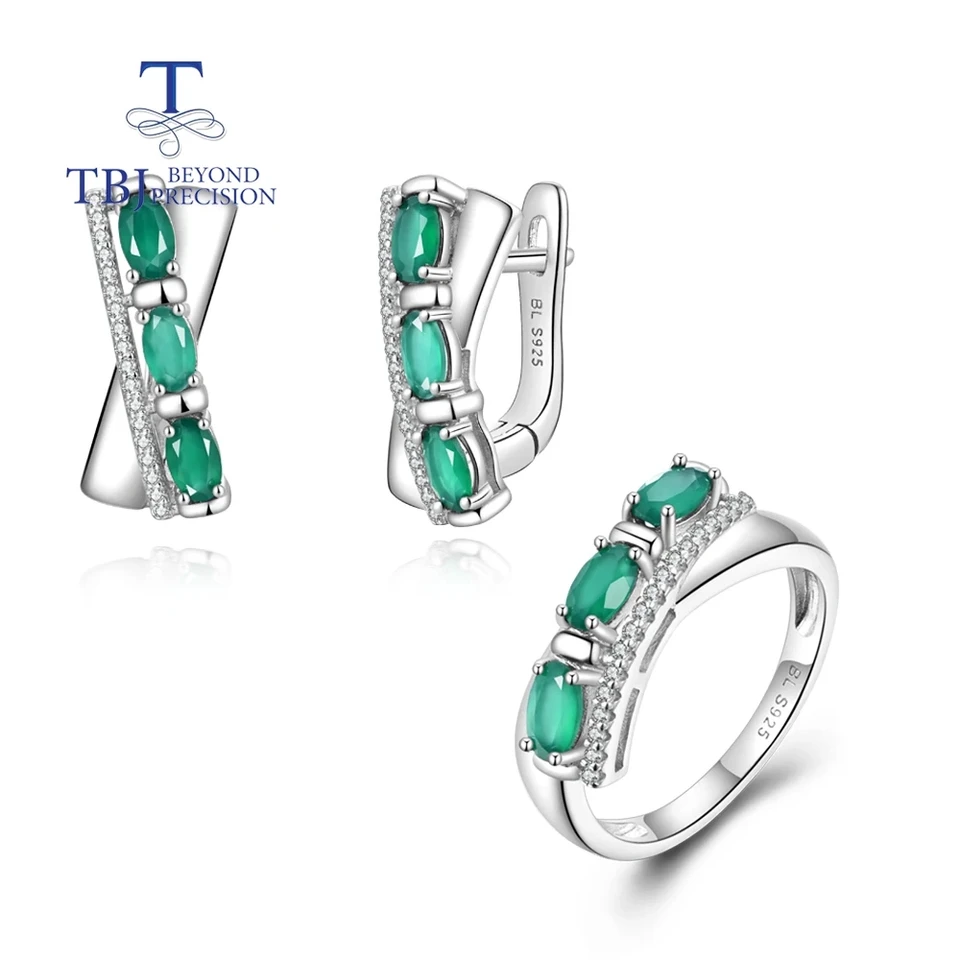 Elegantný X Shape Fashion Design Prírodný zelený agát drahokamový prsteň náušnice šperky Dámske šperky 925 Sterling strieborný darček