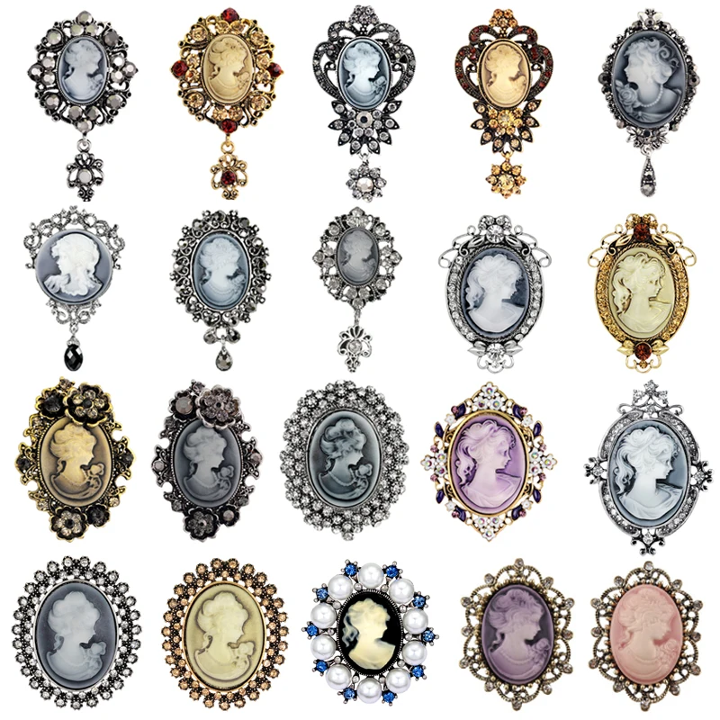 Elegantný štýl vintage viktoriánsky dizajn Queen's Cameo Brošo Pins Crystal Rinestones Cameo Vintage Brošové kolíky pre ženy