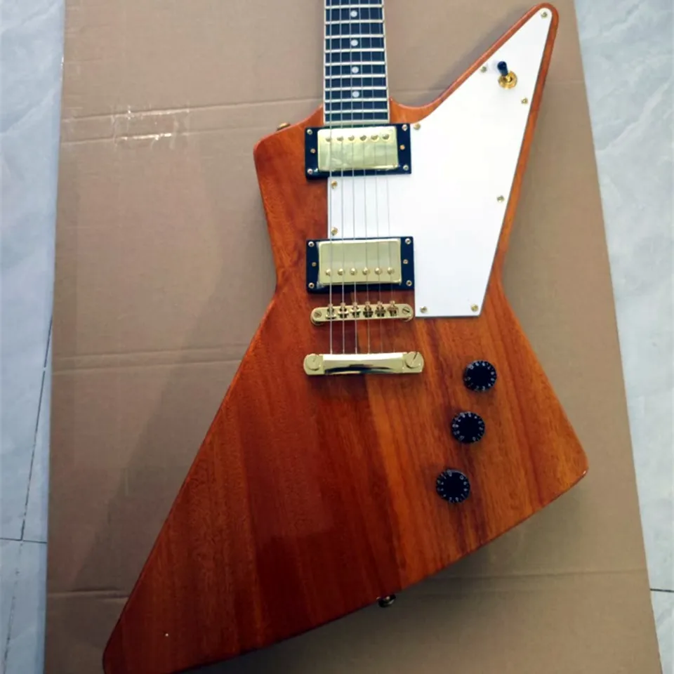 Elektrická gitara Explorer, mahagónové telo, kanadský javorový hmatník, podpísaný, klasický biely pickguard, rýchla preprava