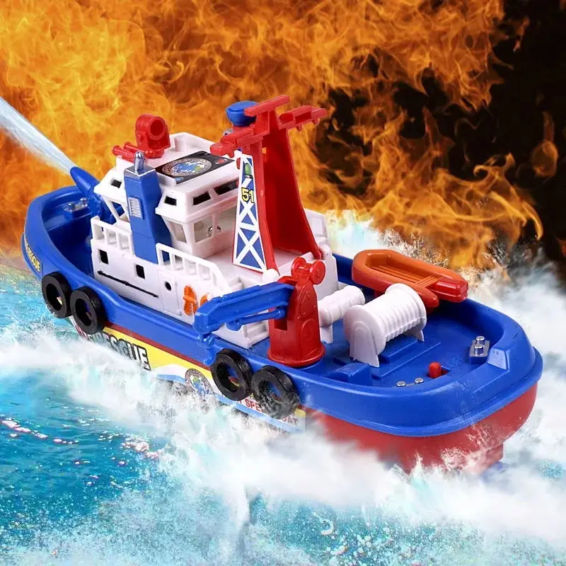 Elektrická námorná záchranár Fire Fighting Model Fireboat s LED ľahkou hudbou Voda Sprašovanie bazénových hračiek pre kúpanie pre deti