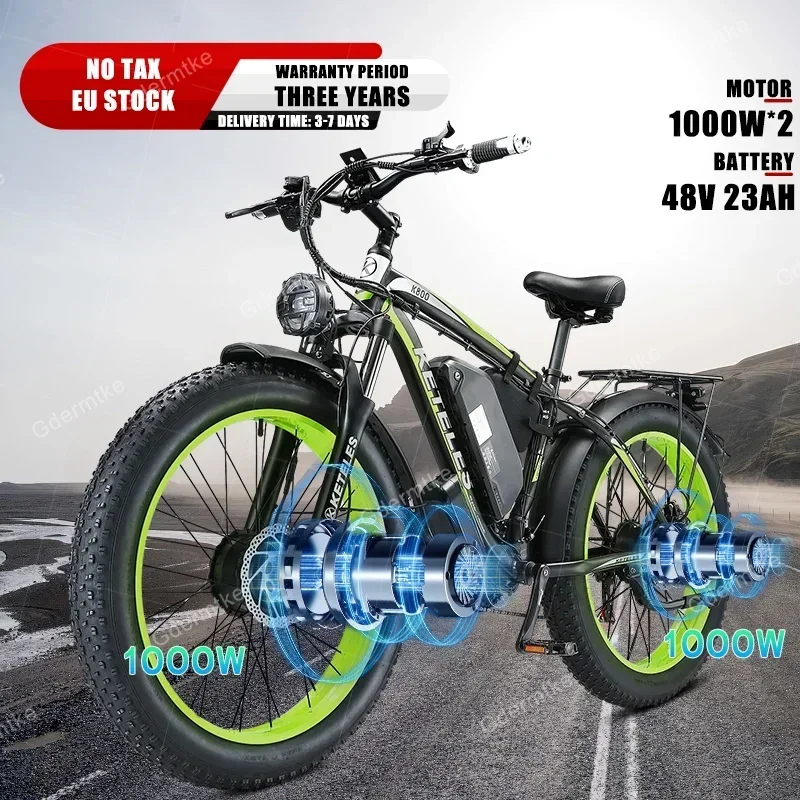 Elektrický bicykel K800 2000 W Duálny motor s dvoma koliesovými pohonom 48 V 23AH E-Bike 26-palcový horský terénny tučný pneumatický bicykel Elektrický bicykel