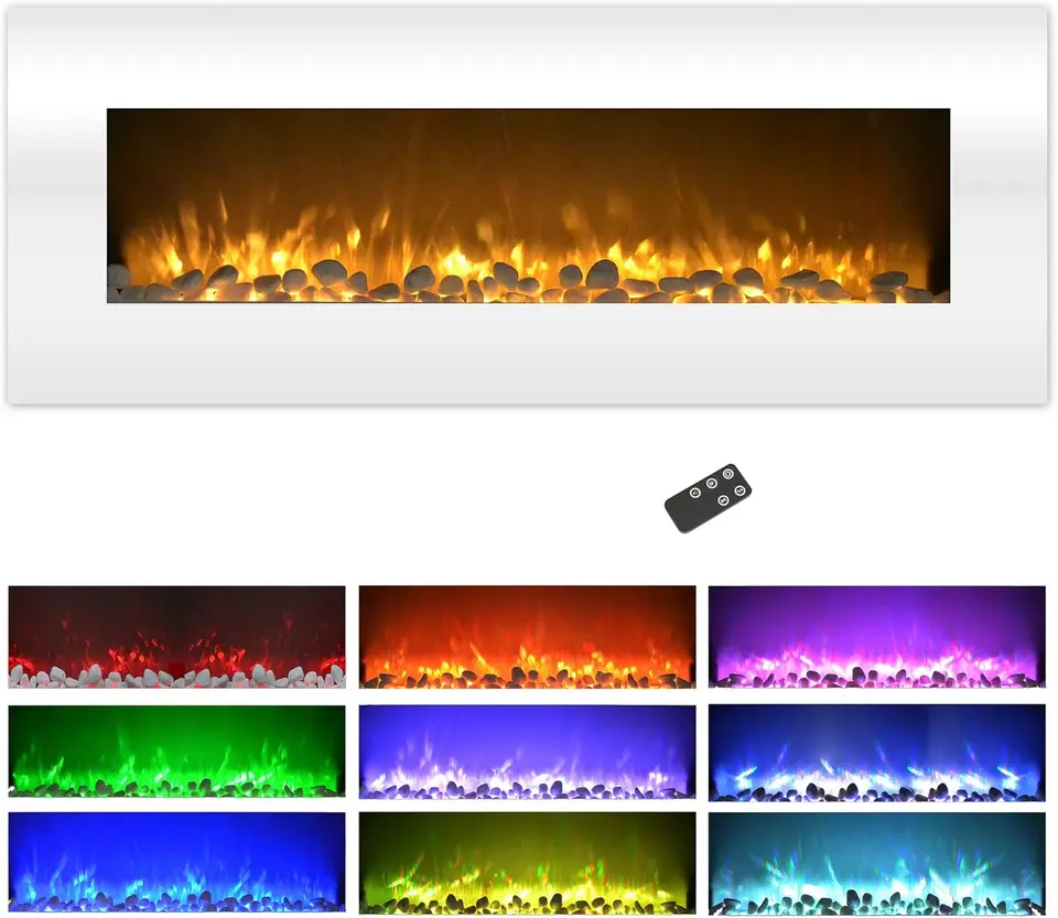 Elektrický krb - 50 palcového nástenného krbu s 10 -farebnými LED plameňmi 3 pozadia nastaviteľný jas diaľkového (biele)