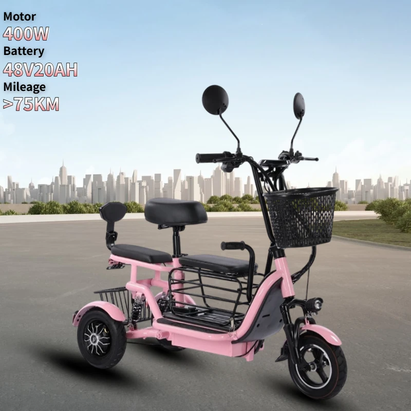 Elektrický trojkolesový 400W48V20AH Multifunkčný elektrický skúter s PET Basket Basket Parent-Child Mini prenosné cestovné elektrické bicykle