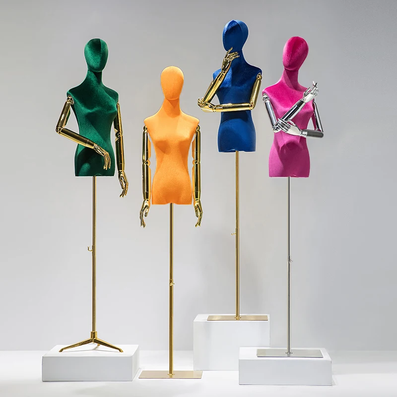 Elektroplatovanie tkaniny ARM tkaniny Žena hlava Half Mannequin Body Metal Base pre svadobný displej nastaviteľný stojan Ženy Model