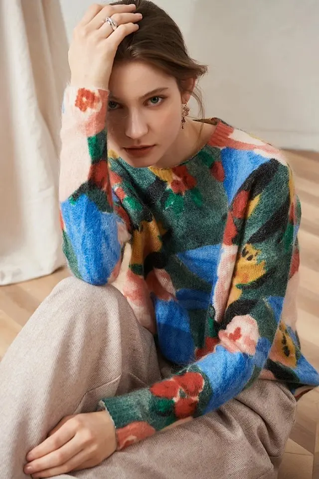 Elfbop Mohair vlna o krk maľba Tlač Tritted Pullover Top - Dámske zimné jarné pletené skokan
